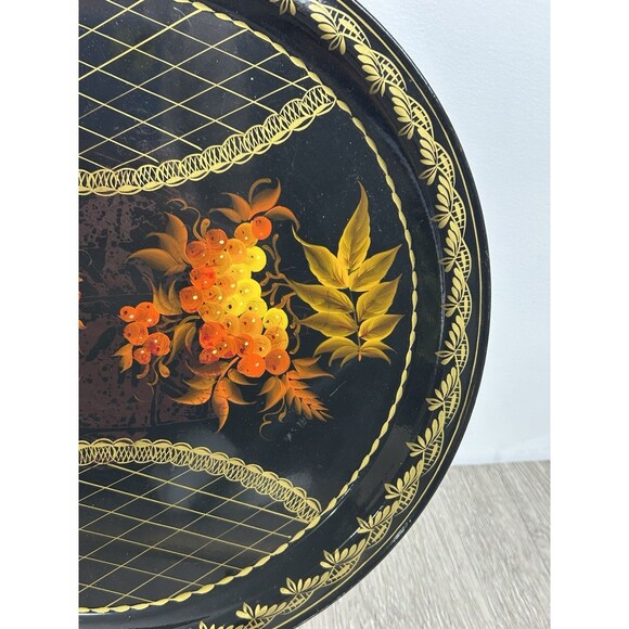 Vintage Russian Round Metal Tray Hand Painted Floral Design Decorative 12.5” - Picture 2 of 7